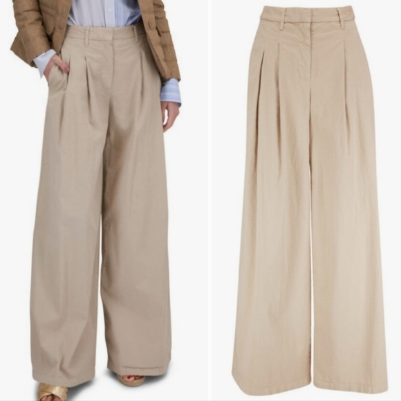 Nili Lotan Dilon Buff Pleated High Waist Ultra Wide Leg Raw Hem Khaki Pants - Picture 1 of 15